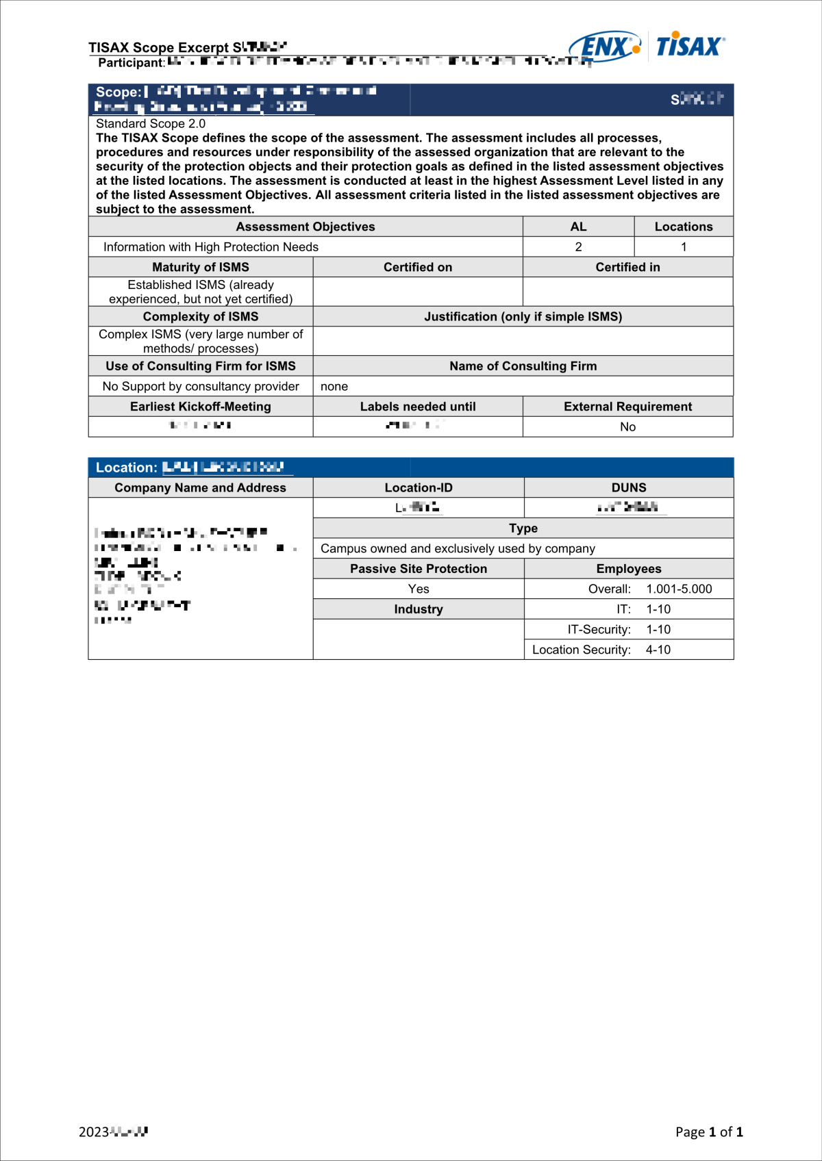 TISAX 范围摘要示例