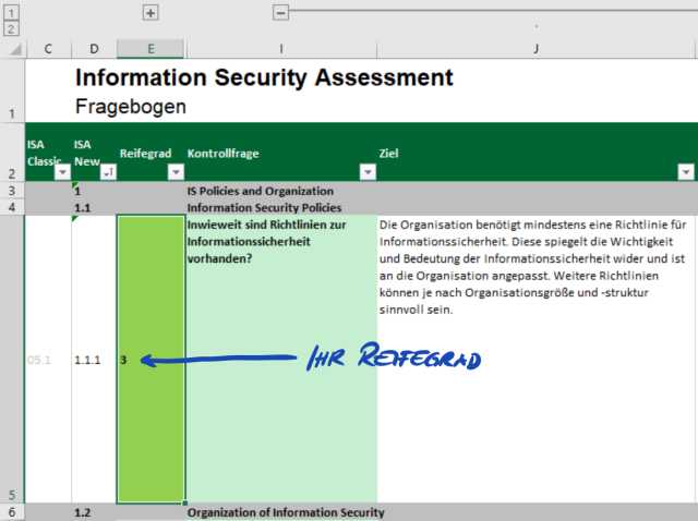 Screenshot: Beispiel für die Reifegrade-Auswahl im ISA-Dokument (Excel-Tabellenblatt „Informationssicherheit“)