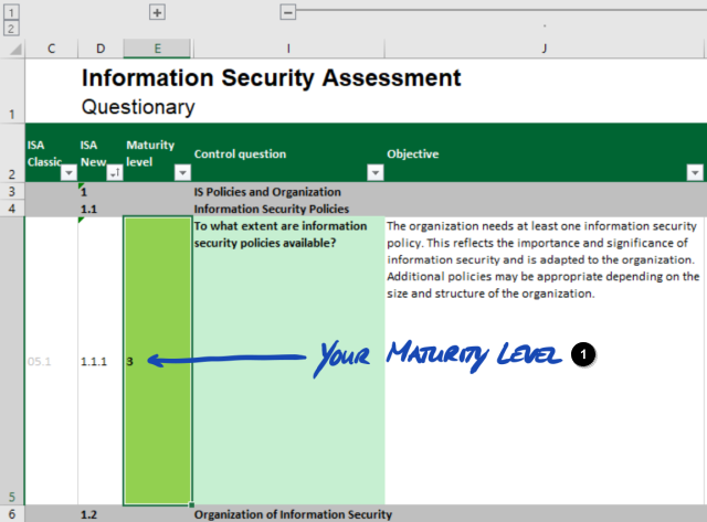 Capture d’écran : exemple de sélection du niveau de maturité dans le document ISA (feuille Excel « Sécurité de l’information »)