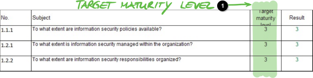 A definição do nível de maturidade desejado na planilha Excel “Resultados (ISA5)”