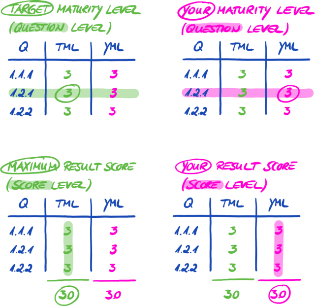 The targets and your results on the question level and the score level